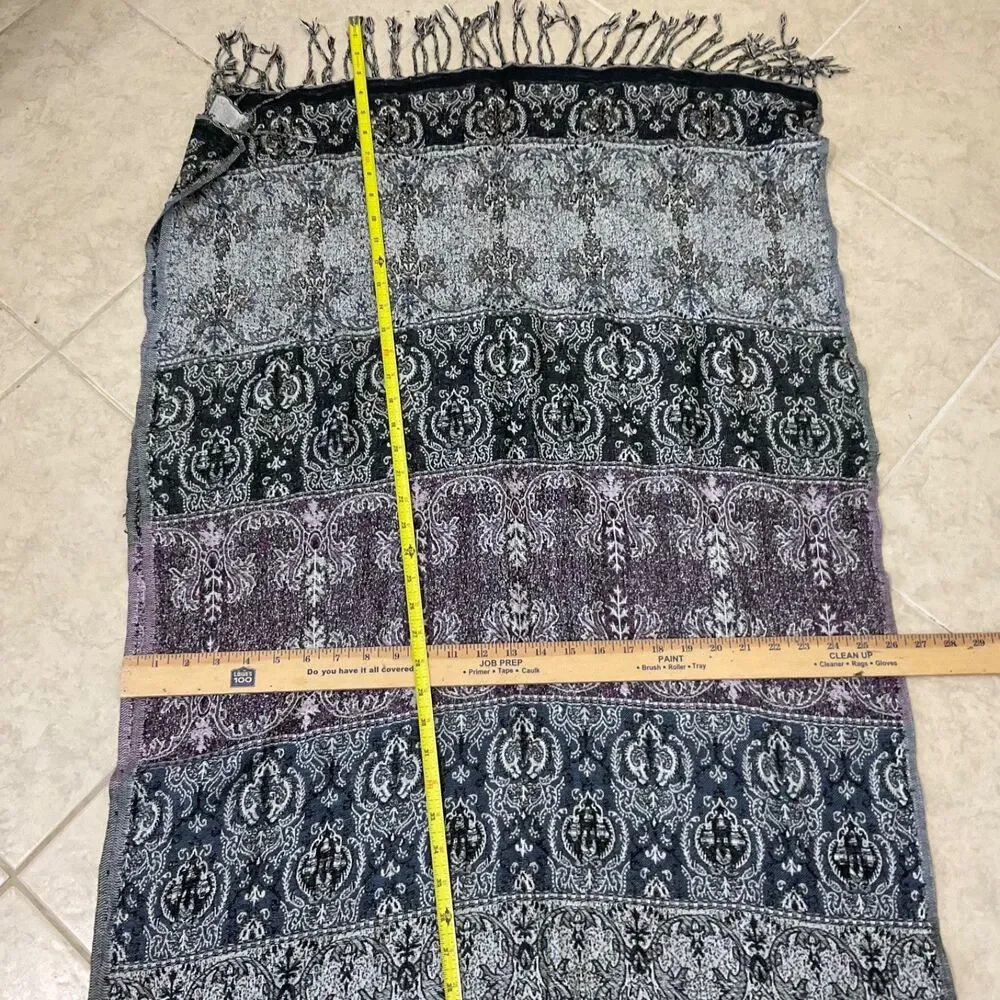 Chico's Wrap Shawl Stole Cardigan beaded black purple Fringed Hem approx26”x81”
